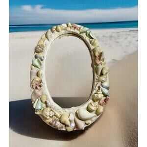 Vintage/Retro Hand Painted Shell Mirror. Beach, Nautical,Tropical, Seashells
